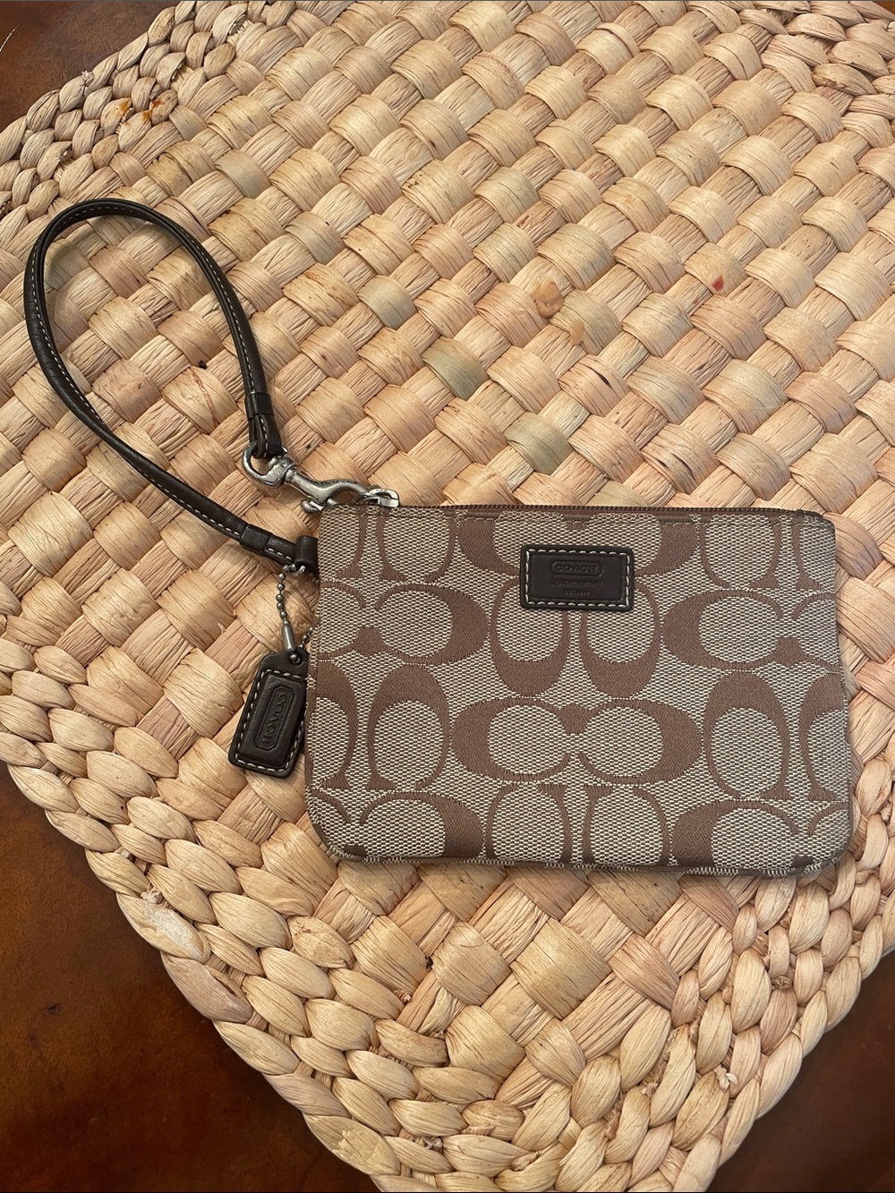 Coach Brown Signature Jacquard Wristlet with Leather Strap and Hang Tag EUC